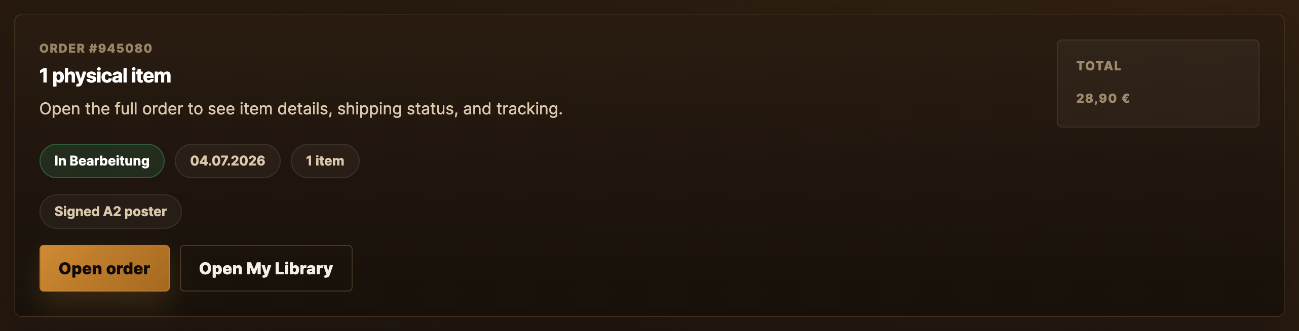 Customer order view showing status and where tracking appears.