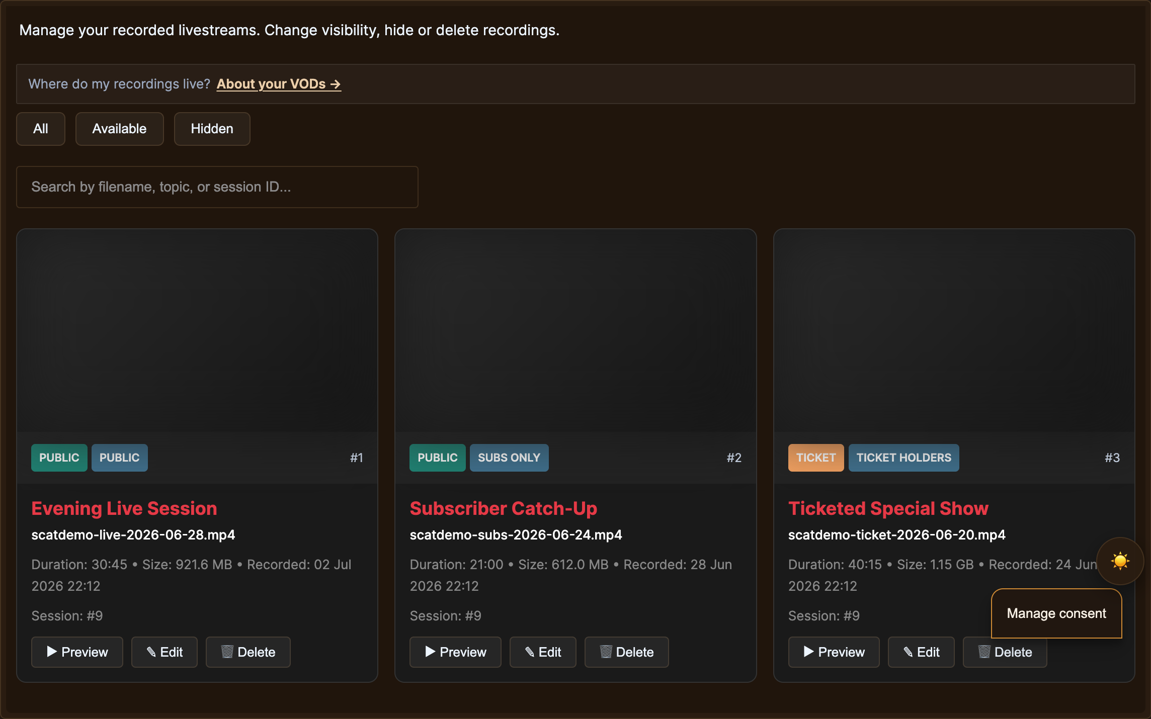 My Recordings page with several VOD cards visible.