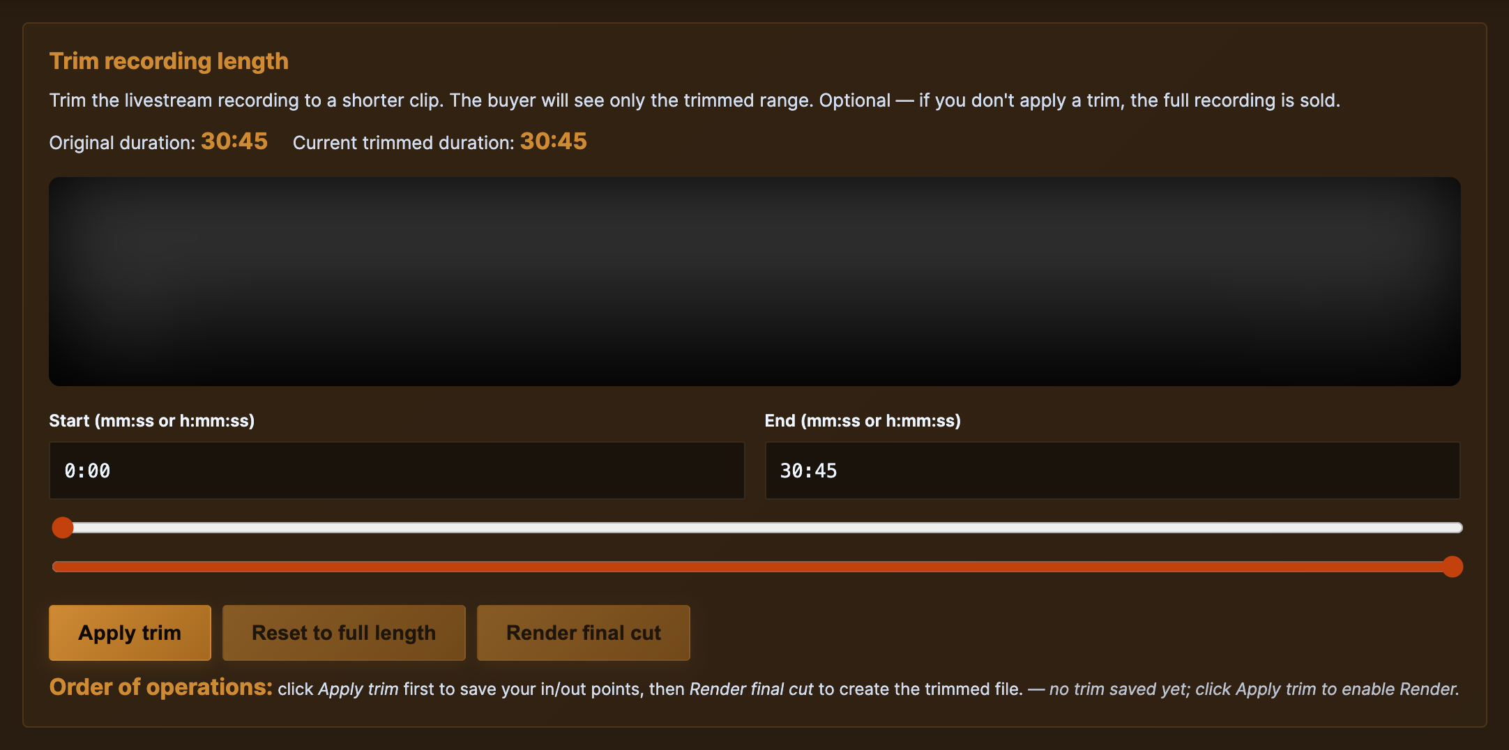 The Trim recording length section — set Start/End, click Apply trim, then Render final cut.
