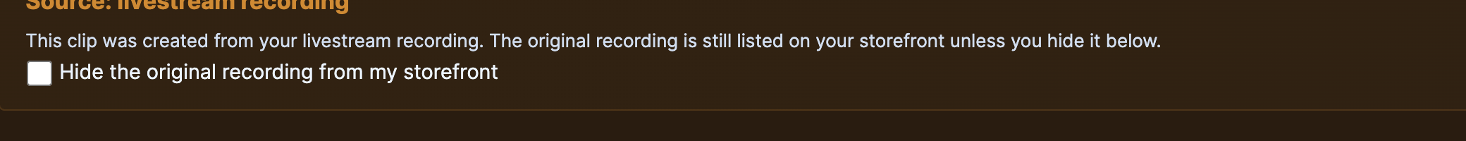 The Source: livestream recording banner with the Hide-original checkbox.