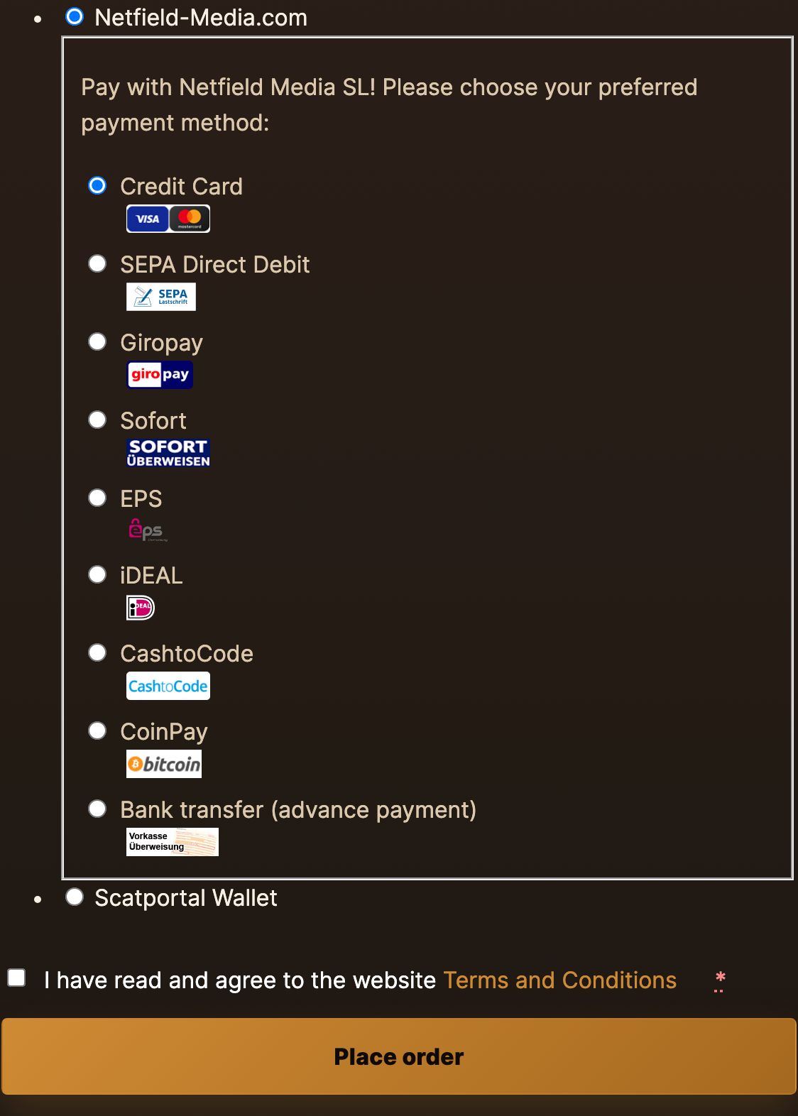 Checkout page showing "ScatPortal Wallet" as a selectable payment method with current balance.