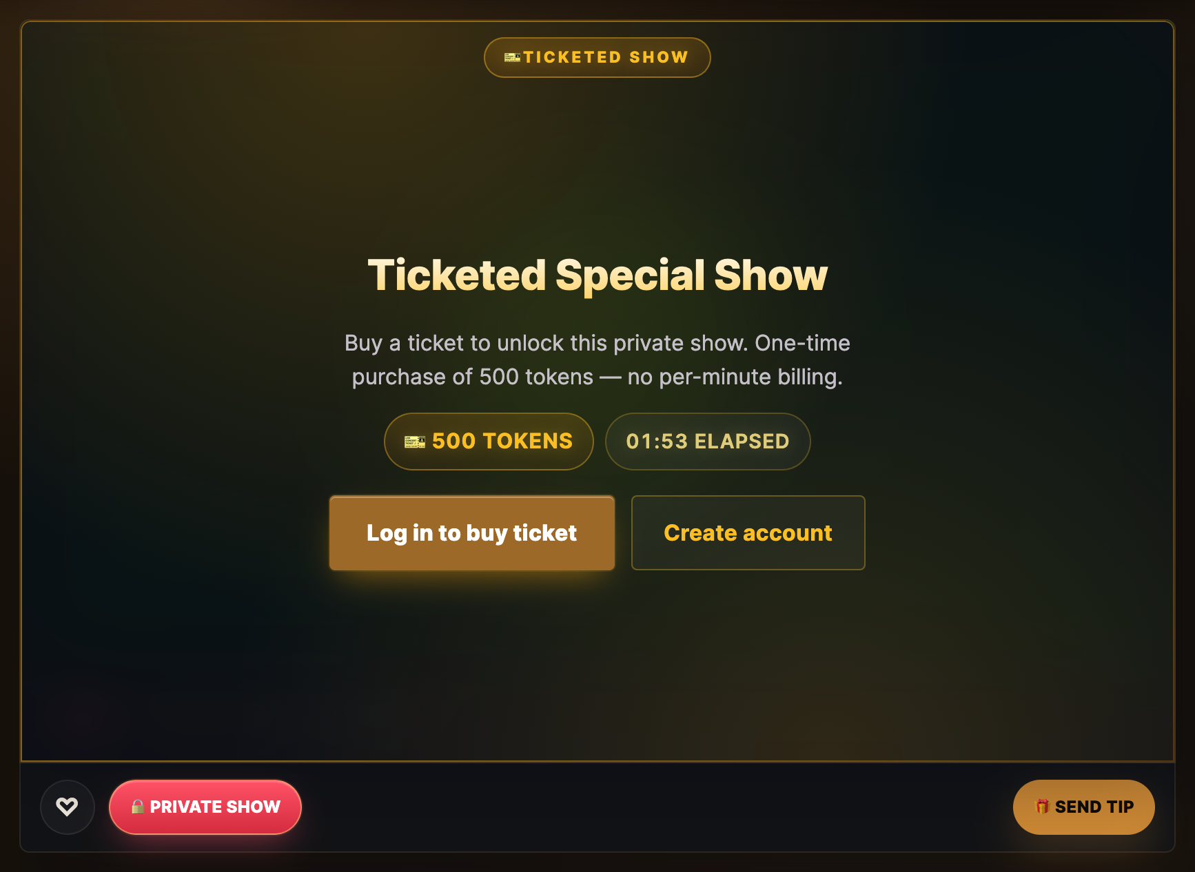 A ticketed show: price, elapsed time and the Buy Ticket button.