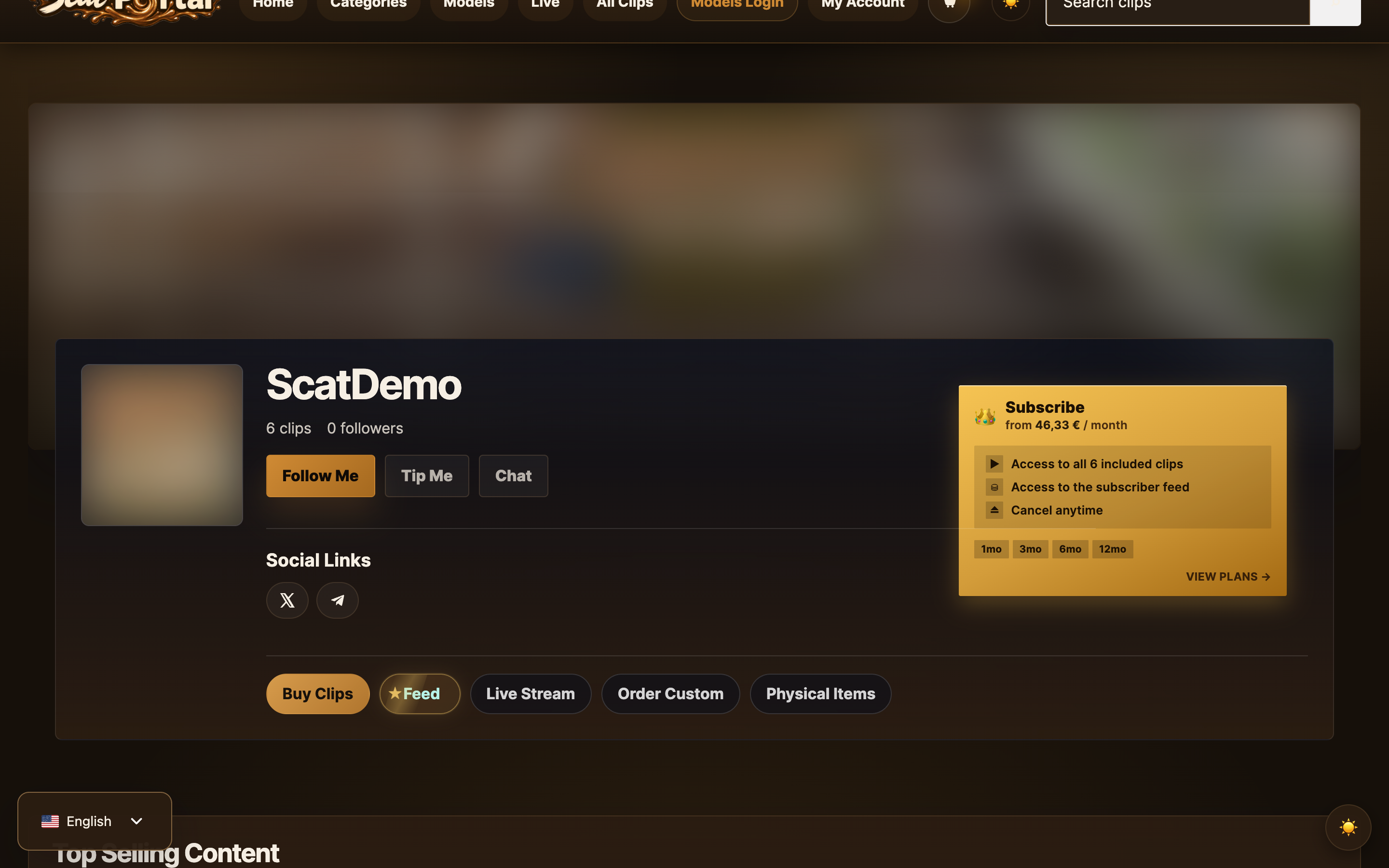 A creator storefront: clips, feed, live streams, custom orders and subscriptions in one place.