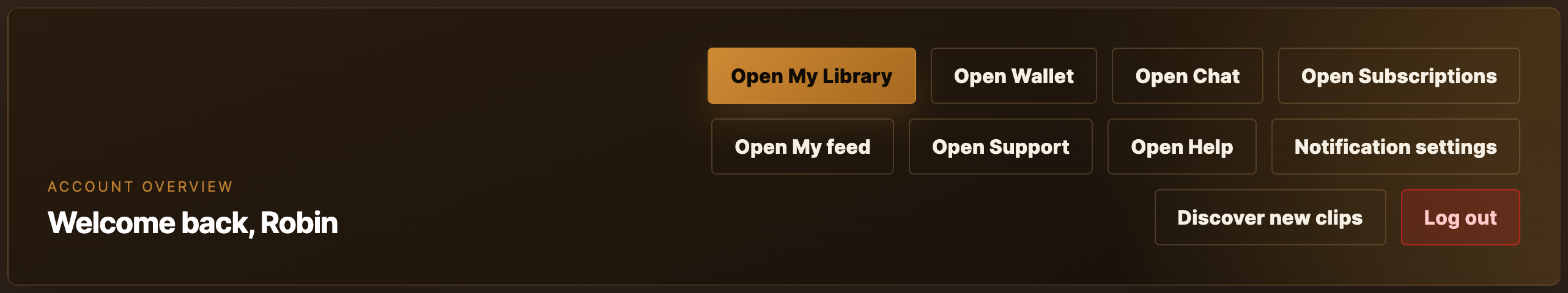 Your account overview as a fan: library, wallet, chat, subscriptions and support in one menu.