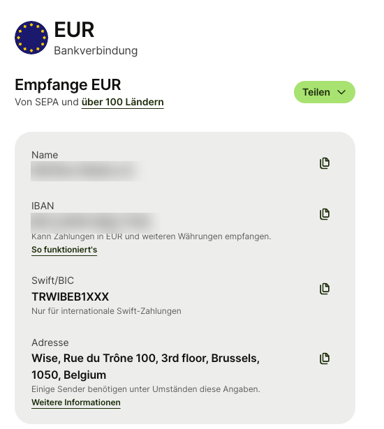 Your Wise EUR account, ready to receive payouts — copy the IBAN and BIC into ScatPortal (account name and IBAN blurred here for privacy).