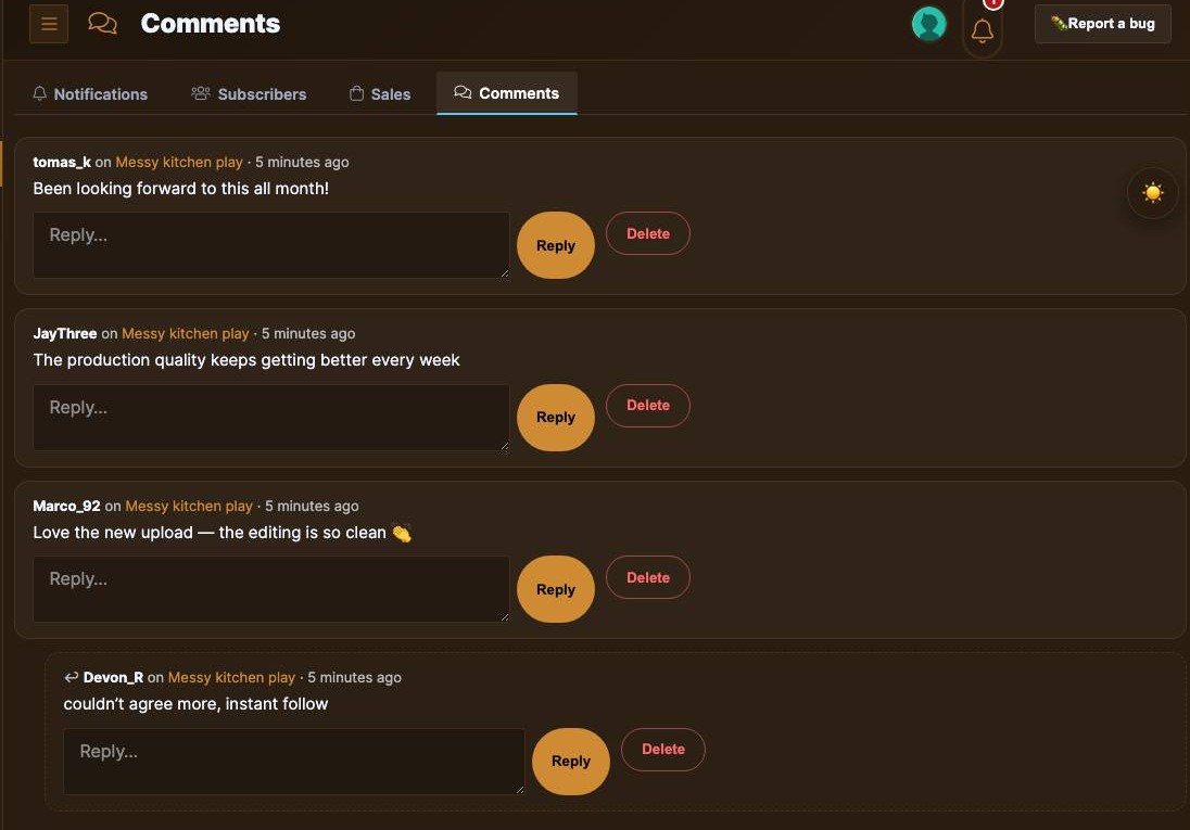 The creator Comments tab in the ScatPortal Store Manager, showing grouped comment threads with reply and delete controls.