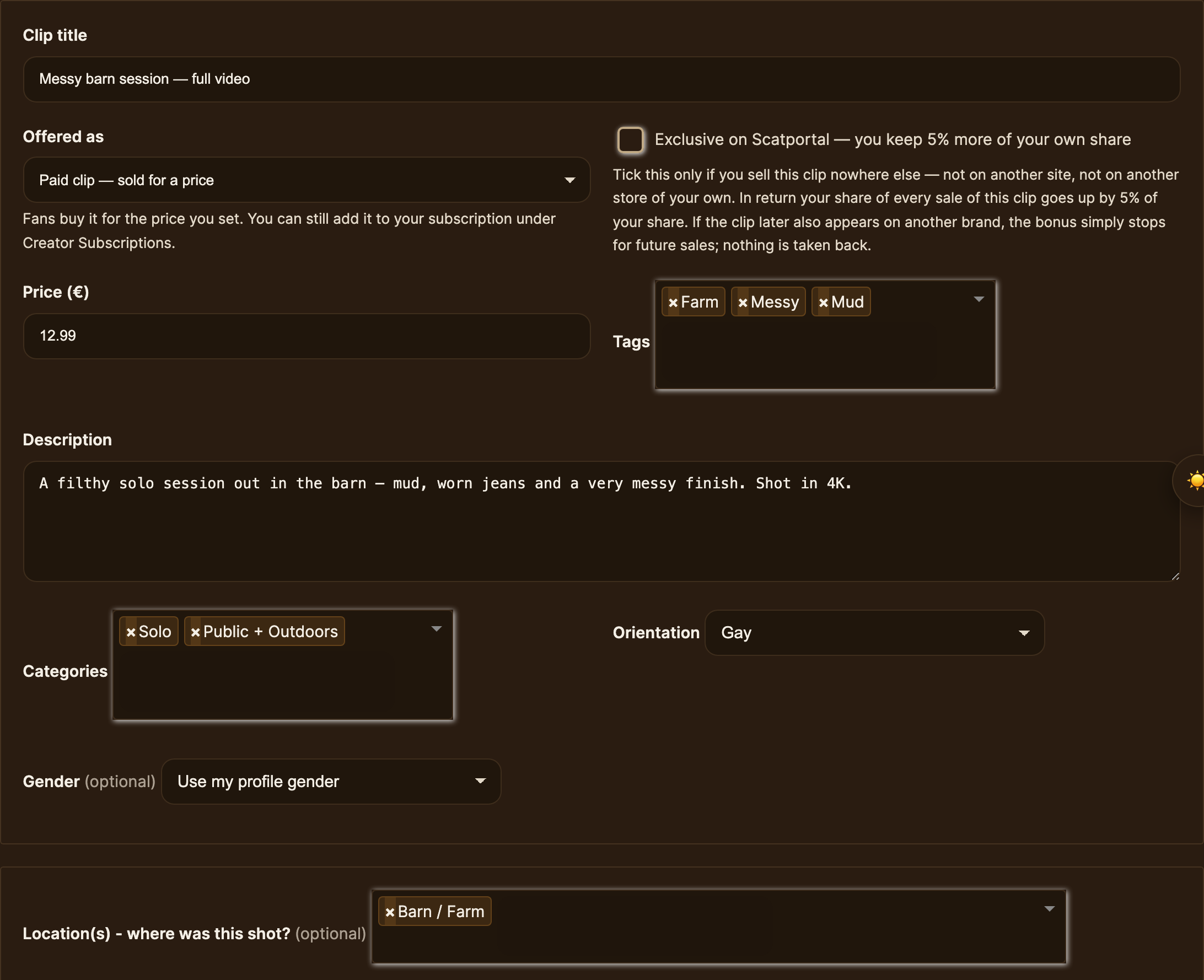 The clip details filled in: title, Offered as, price, tags, description, categories and location