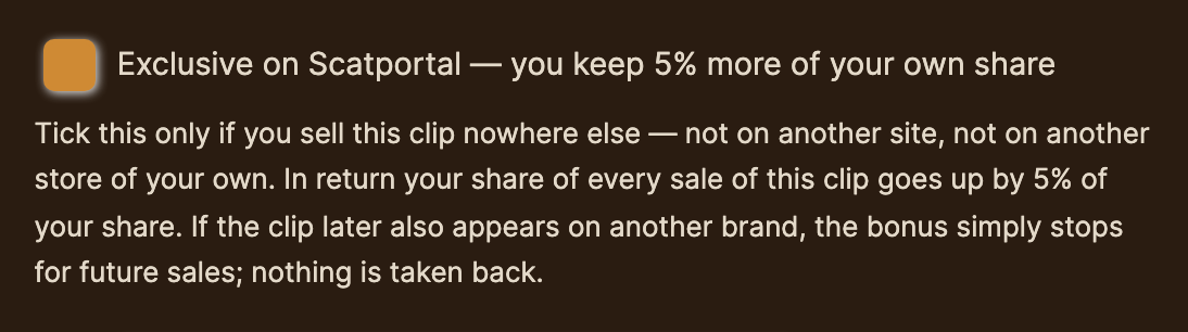 The ticked checkbox Exclusive on Scatportal — you keep 5% more of your own share, with its explanation