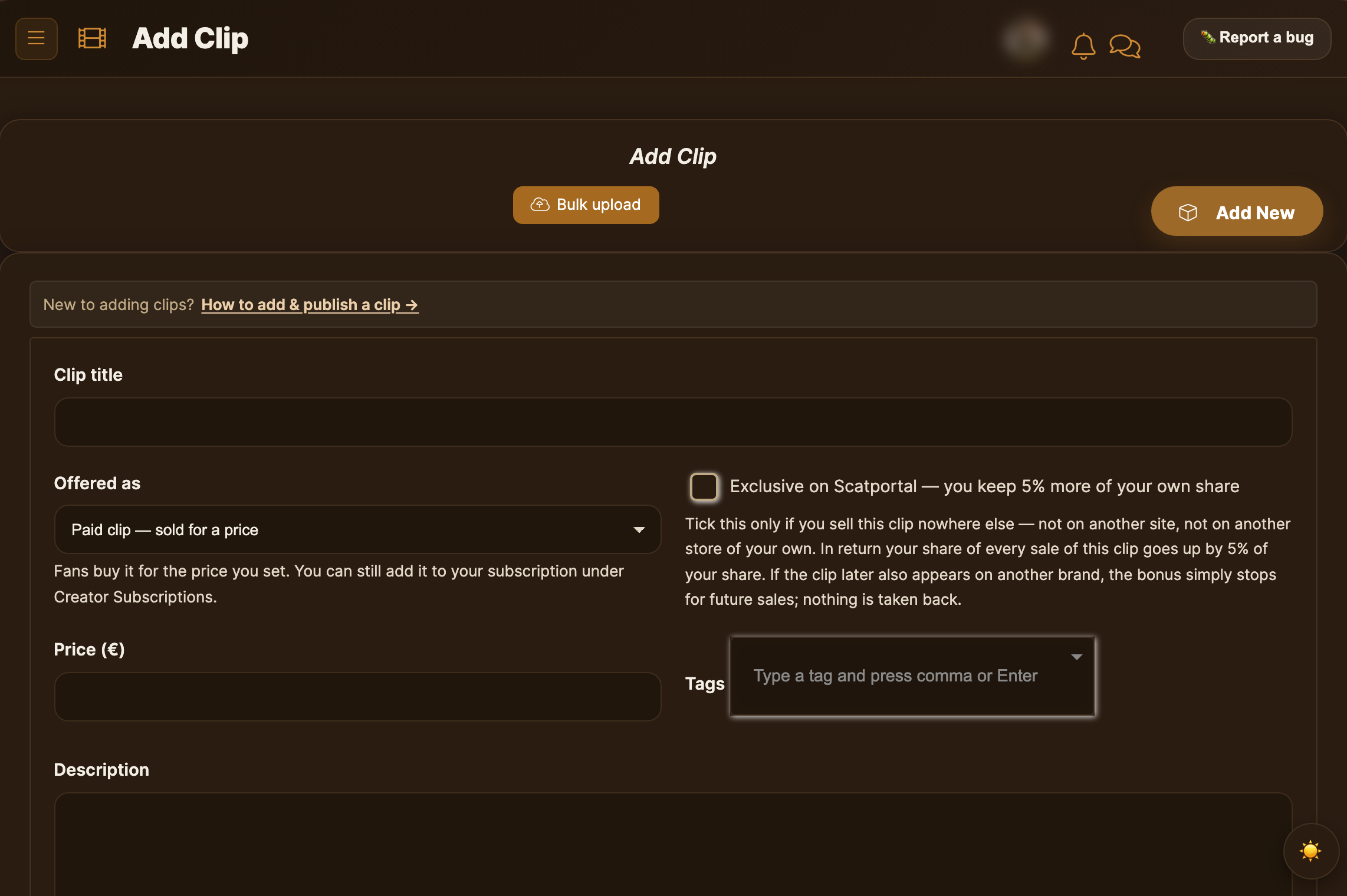The top of the empty Add Clip form with Clip title, Offered as, the Exclusive checkbox, Price and Tags