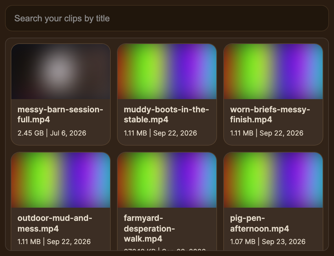 The Or select existing uploaded main clip list — search box and cards with file name, size and date