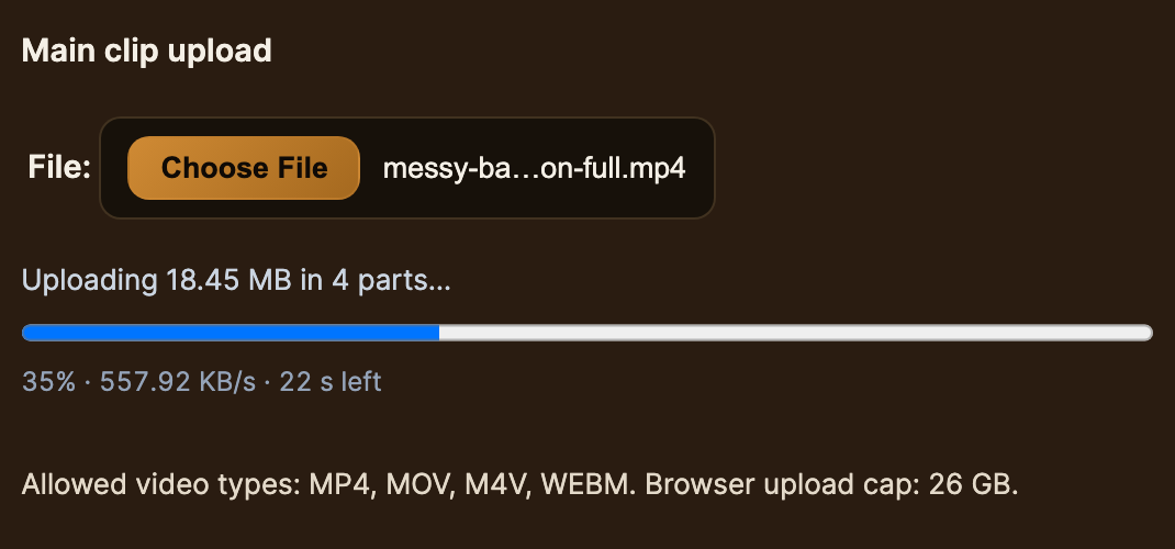 The Main clip upload box with the progress bar partway through
