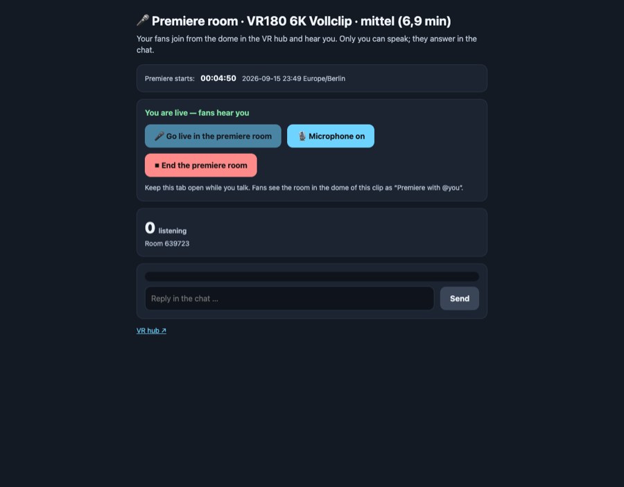 The premiere room page on the creator's computer: countdown, microphone on, listener count and the chat.